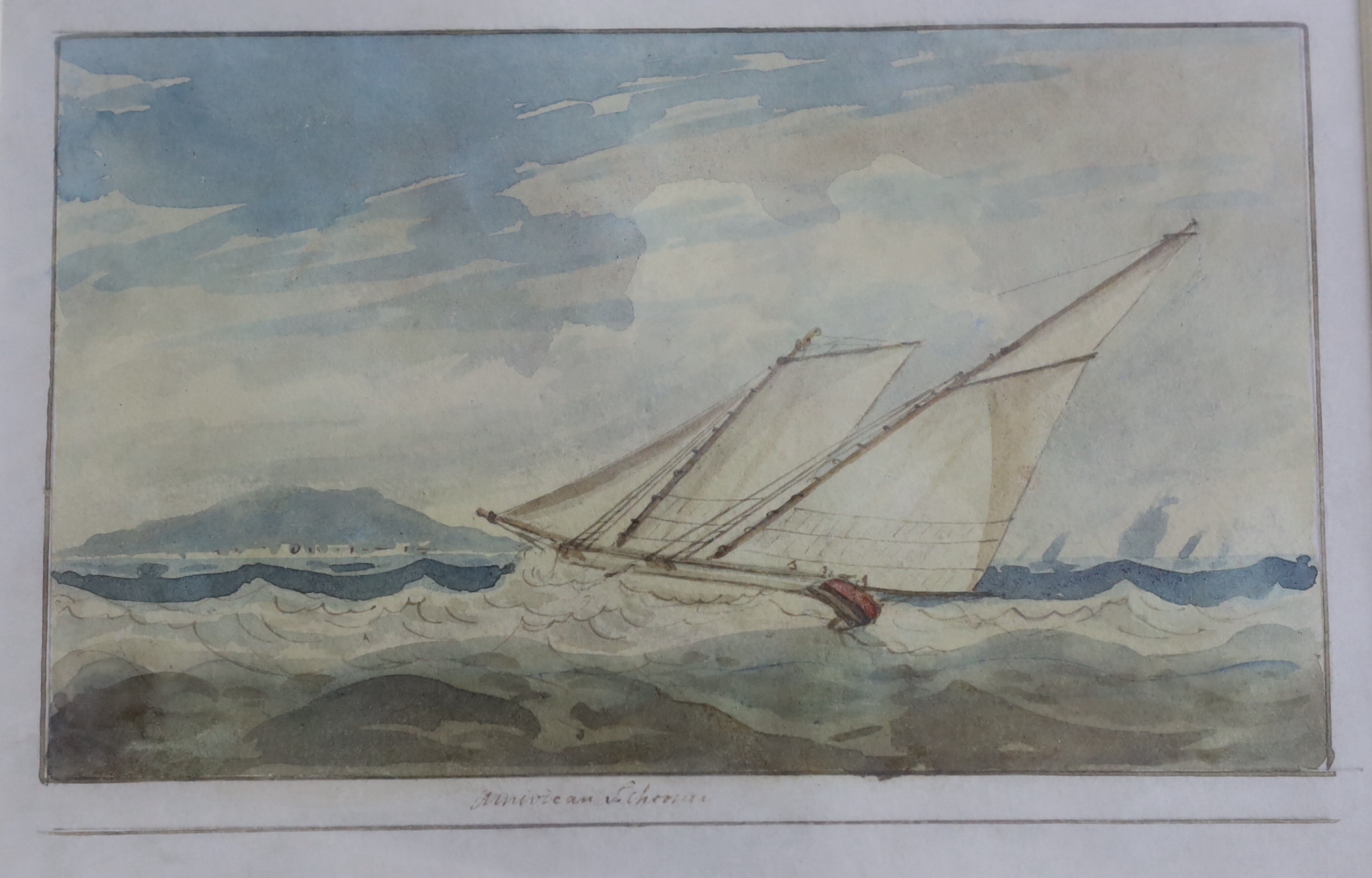 Lieutenant Edward Bampfylde Eagles (19th C.) set of three watercolours comprising, ‘Revenue Cutter’, ‘Near the Red House, Battersea’ & ‘American Schooner’, each inscribed, mounted, unframed, 10x17cm